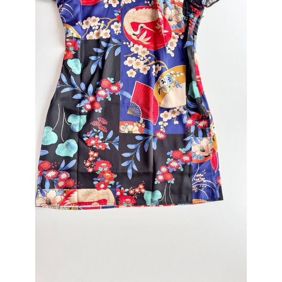 NWT ZARA Black Oriental Floral Crane Print Satin Cheongsam Mini Dress, Size S - Picture 8 of 13